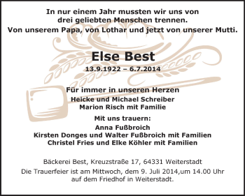 Traueranzeige von Else Best von Echo-Zeitungen (Gesamtausgabe)