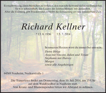 Traueranzeige von Richard Kellner von Rüsselsheimer Echo, Groß-Gerauer-Echo, Ried Echo