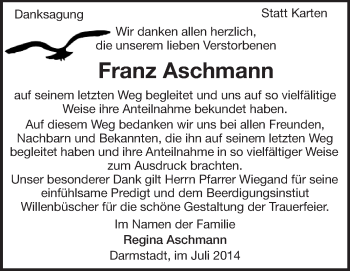 Traueranzeige von Franz Aschmann von Echo-Zeitungen (Gesamtausgabe)