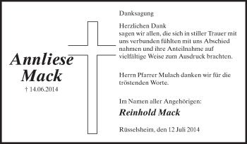 Traueranzeige von Annliese Mack von Rüsselsheimer Echo, Groß-Gerauer-Echo, Ried Echo
