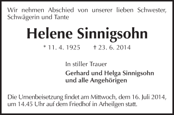 Traueranzeige von Helene Sinnigsohn von Echo-Zeitungen (Gesamtausgabe)