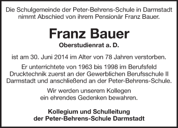 Traueranzeige von Franz Bauer von Echo-Zeitungen (Gesamtausgabe)