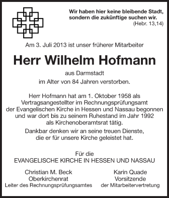 Traueranzeige von Wilhelm Hofmann von Echo-Zeitungen (Gesamtausgabe)