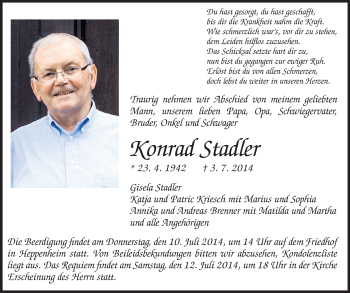Traueranzeige von Konrad Stadler von Starkenburger Echo