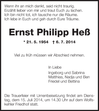 Traueranzeige von Ernst Philipp Heß von Rüsselsheimer Echo, Groß-Gerauer-Echo, Ried Echo