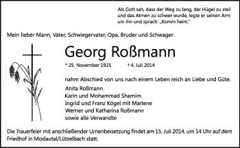 Traueranzeige von Georg Roßmann von Echo-Zeitungen (Gesamtausgabe)