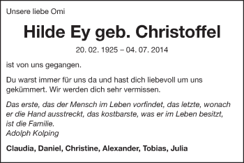 Traueranzeige von Hilde Ey von Echo-Zeitungen (Gesamtausgabe)