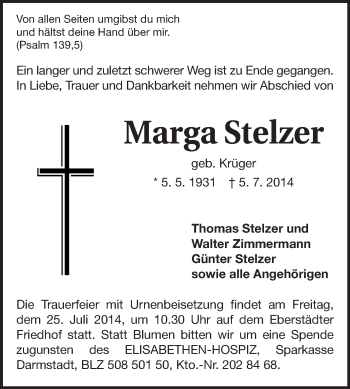 Traueranzeige von Marga Stelzer von Echo-Zeitungen (Gesamtausgabe)