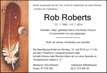 Traueranzeige von Rob Roberts von Odenwälder Echo