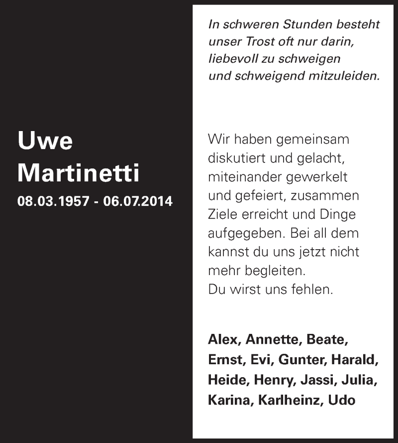  Traueranzeige für Uwe Martinetti vom 10.07.2014 aus Odenwälder Echo