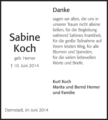 Traueranzeige von Sabine Koch von Echo-Zeitungen (Gesamtausgabe)