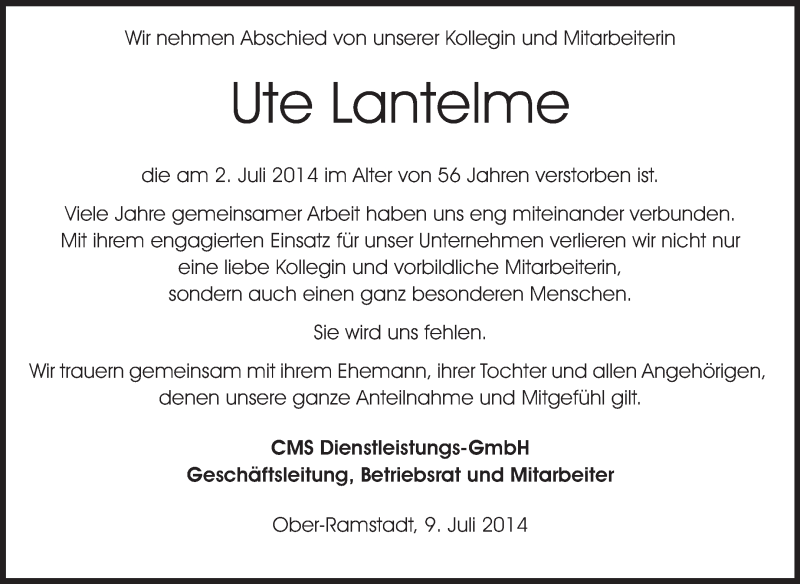  Traueranzeige für Ute Lantelme vom 10.07.2014 aus Echo-Zeitungen (Gesamtausgabe)