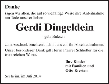 Traueranzeige von Gerdi Dingeldein von Echo-Zeitungen (Gesamtausgabe)