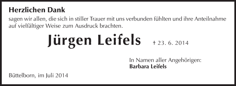  Traueranzeige für Jürgen Leifels vom 12.07.2014 aus Rüsselsheimer Echo, Groß-Gerauer-Echo, Ried Echo