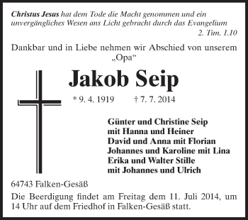 Traueranzeige von Jakob Seip von Odenwälder Echo