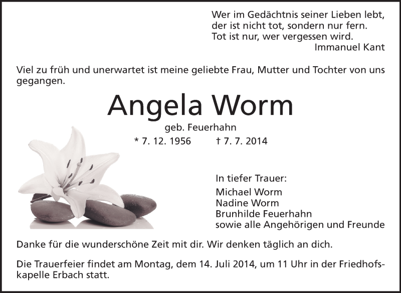  Traueranzeige für Angela Worm vom 10.07.2014 aus Odenwälder Echo