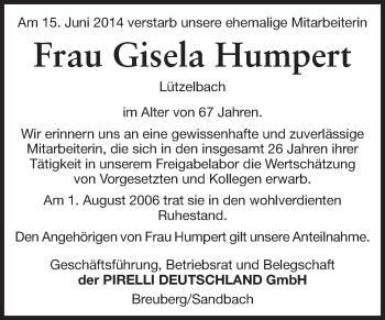 Traueranzeige von Gisela Humpert von Odenwälder Echo