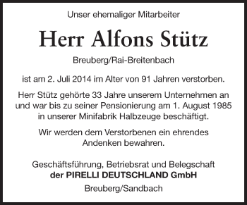 Traueranzeige von Alfons Stütz von Odenwälder Echo