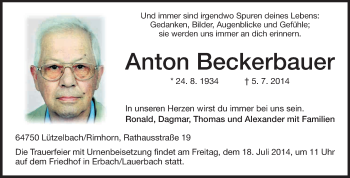 Traueranzeige von Anton Beckerbauer von Odenwälder Echo