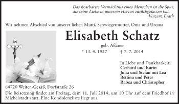 Traueranzeige von Elisabeth Schatz von Odenwälder Echo