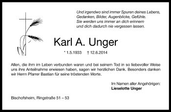 Traueranzeige von Karl A Unger  von Rüsselsheimer Echo, Groß-Gerauer-Echo, Ried Echo