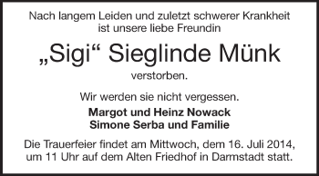 Traueranzeige von Siglinde Münk von Echo-Zeitungen (Gesamtausgabe)