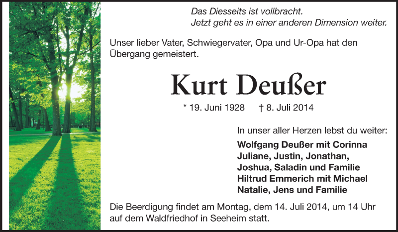  Traueranzeige für Kurt Deußer vom 12.07.2014 aus Echo-Zeitungen (Gesamtausgabe)