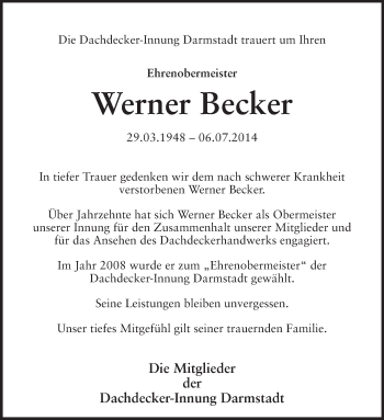 Traueranzeige von Werner Becker von Echo-Zeitungen (Gesamtausgabe)