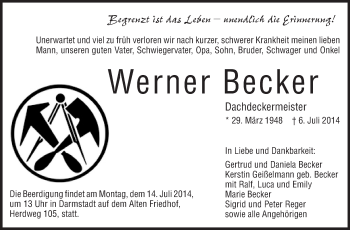 Traueranzeige von Werner Becker von Echo-Zeitungen (Gesamtausgabe)