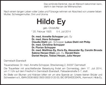 Traueranzeige von Hilde Ey von Echo-Zeitungen (Gesamtausgabe)