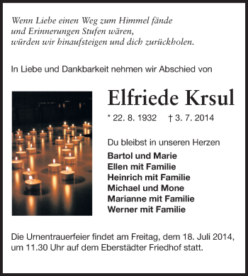 Traueranzeige von Elfriede Krsul von Echo-Zeitungen (Gesamtausgabe)