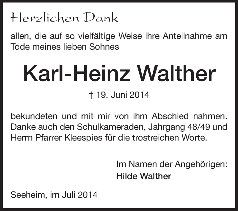  Traueranzeige für Karl-Heinz Walther vom 12.07.2014 aus Echo-Zeitungen (Gesamtausgabe)