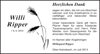 Traueranzeige von Willi Ripper von Odenwälder Echo