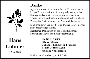 Traueranzeige von Hans Löhmer von Odenwälder Echo