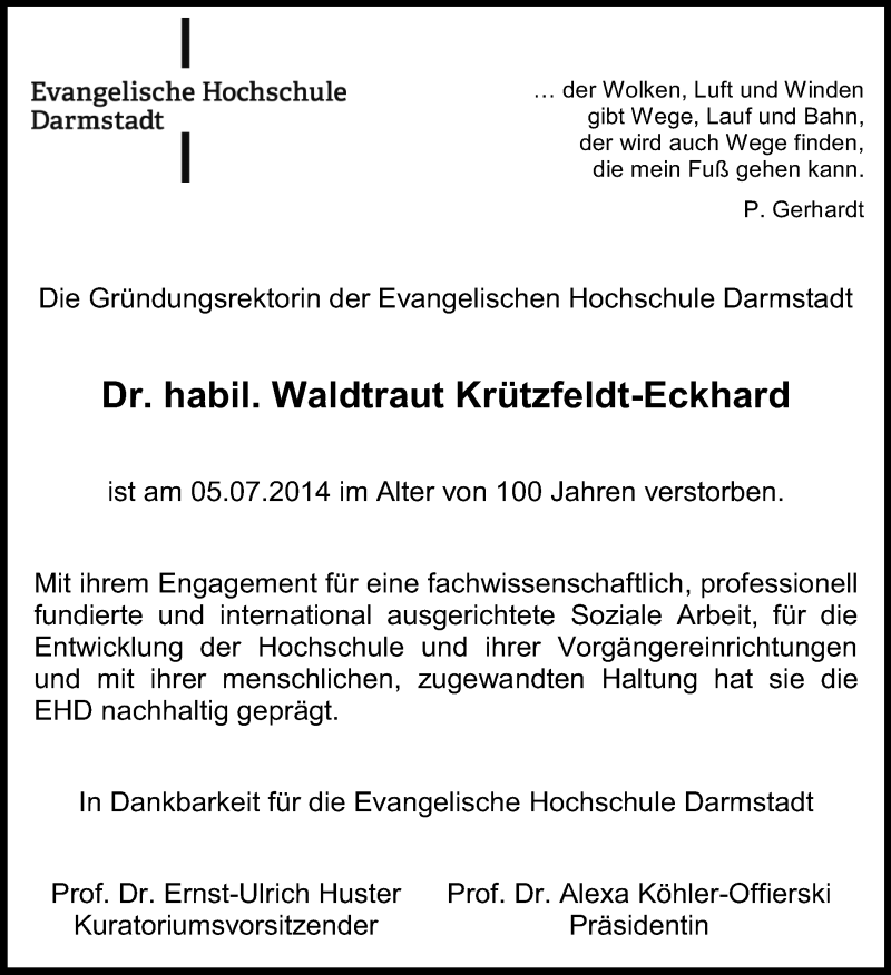  Traueranzeige für Waldtraud Krützfeld-Eckhard vom 12.07.2014 aus Echo-Zeitungen (Gesamtausgabe)