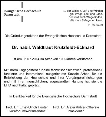 Traueranzeige von Waldtraud Krützfeld-Eckhard von Echo-Zeitungen (Gesamtausgabe)