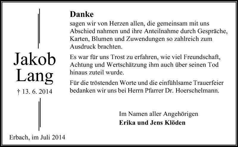  Traueranzeige für Jakob Lang vom 12.07.2014 aus Odenwälder Echo