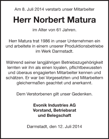 Traueranzeige von Norbert Matura von Echo-Zeitungen (Gesamtausgabe)
