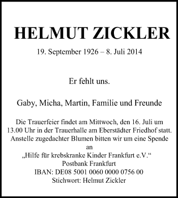 Traueranzeige von Helmut Zickler von Echo-Zeitungen (Gesamtausgabe)