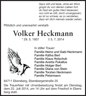 Traueranzeige von Volker Heckmann von Odenwälder Echo