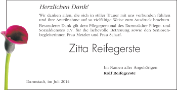 Traueranzeige von Zitta Reifegerste von Echo-Zeitungen (Gesamtausgabe)