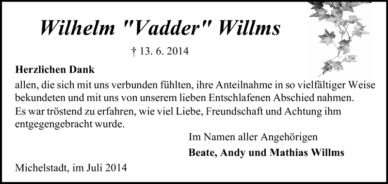  Traueranzeige für Wilhelm  Willms vom 12.07.2014 aus Odenwälder Echo