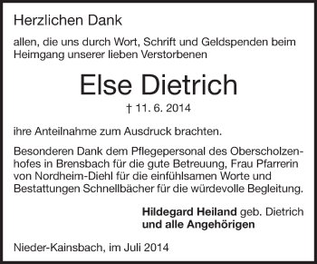 Traueranzeige von Elsa Dietrich von Echo-Zeitungen (Gesamtausgabe)