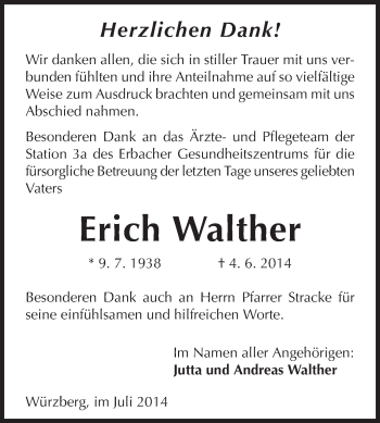 Traueranzeige von Erich Walther von Odenwälder Echo