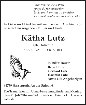 Traueranzeige von Kätha Lutz von Odenwälder Echo