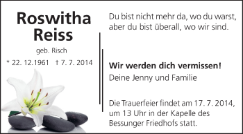 Traueranzeige von Roswitha Reiss von Echo-Zeitungen (Gesamtausgabe)