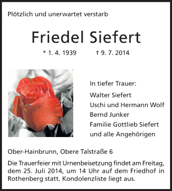 Traueranzeige von Friedel Siefert von Odenwälder Echo