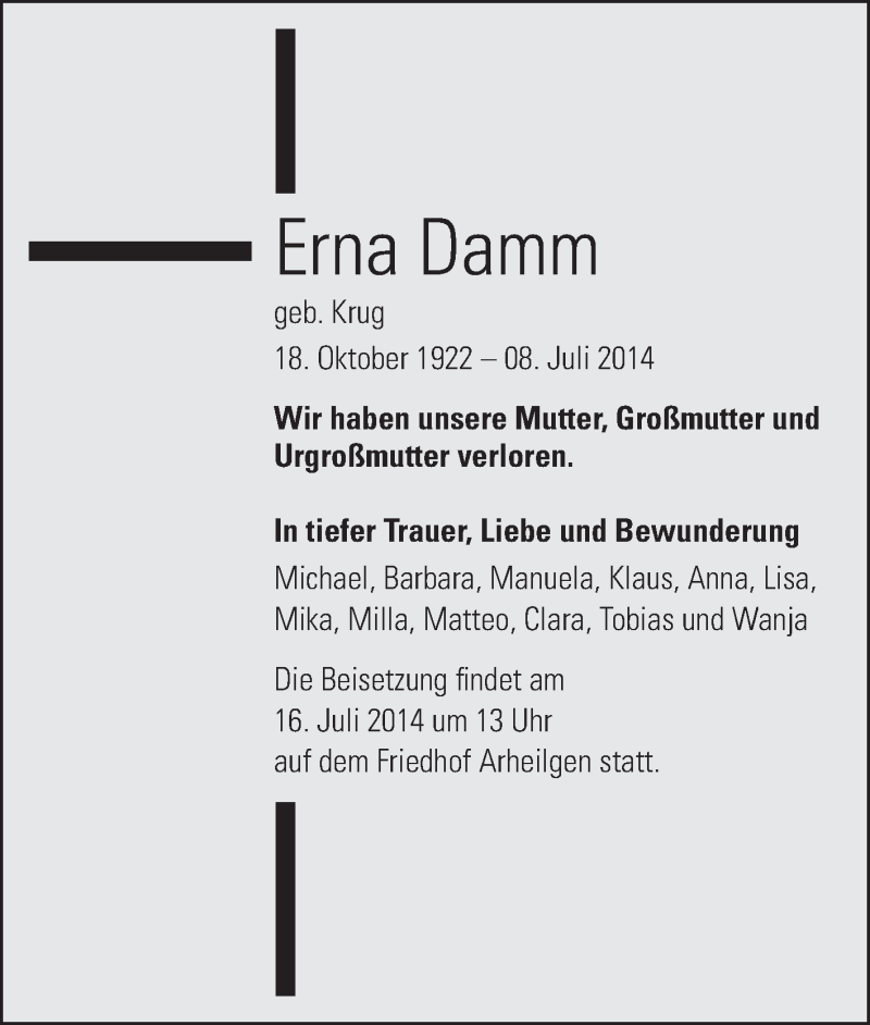  Traueranzeige für Erna Damm vom 12.07.2014 aus Echo-Zeitungen (Gesamtausgabe)