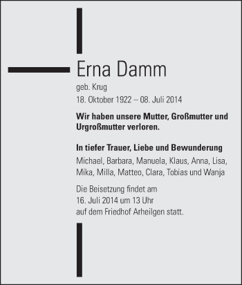 Traueranzeige von Erna Damm von Echo-Zeitungen (Gesamtausgabe)