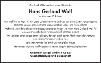 Traueranzeige von Hans Gerland Wolf von Odenwälder Echo
